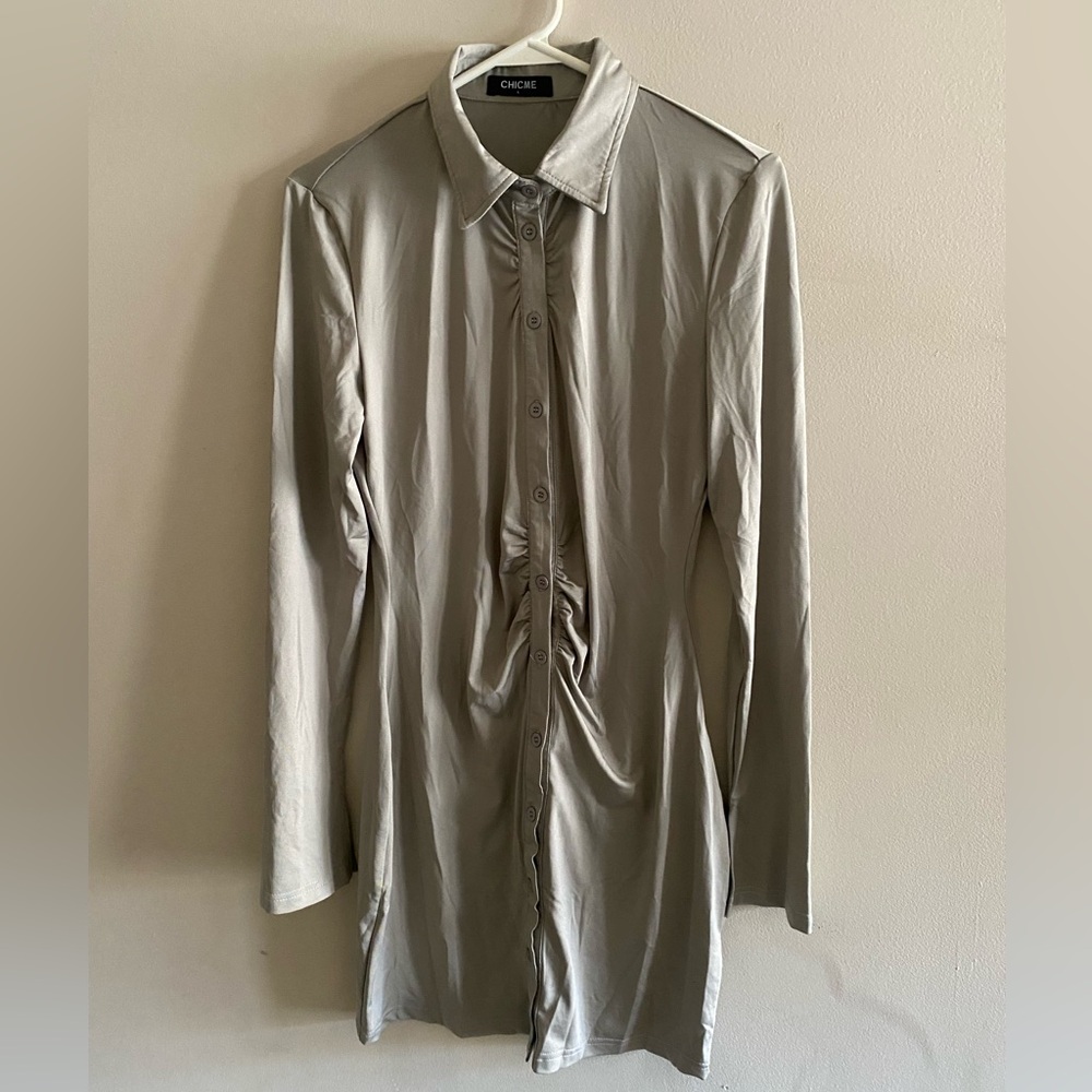 Chic Ruched Mini Shirtdress Size L